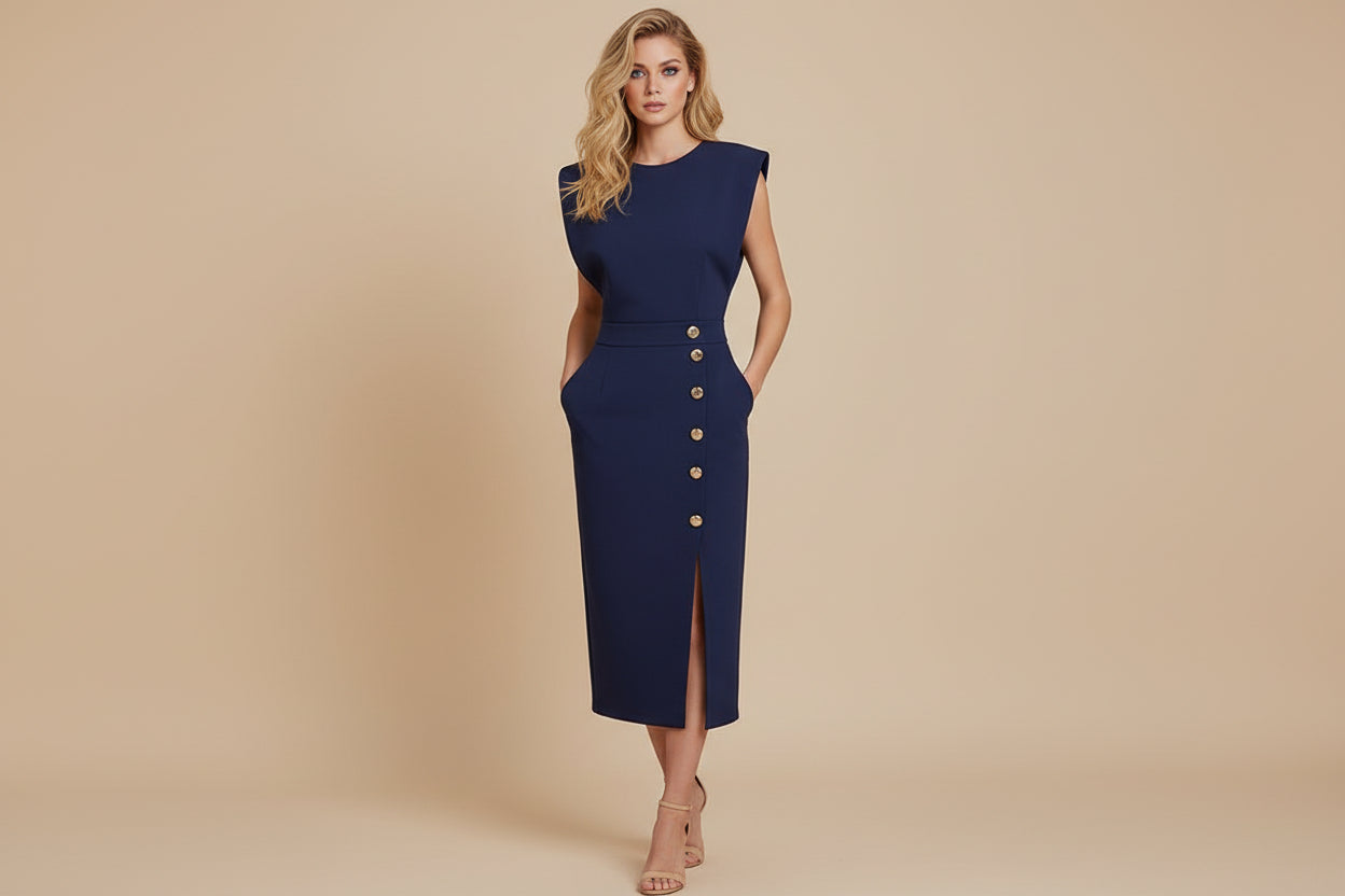 Emma | Dames Knoopdetail Mouwloze Midi Jurk