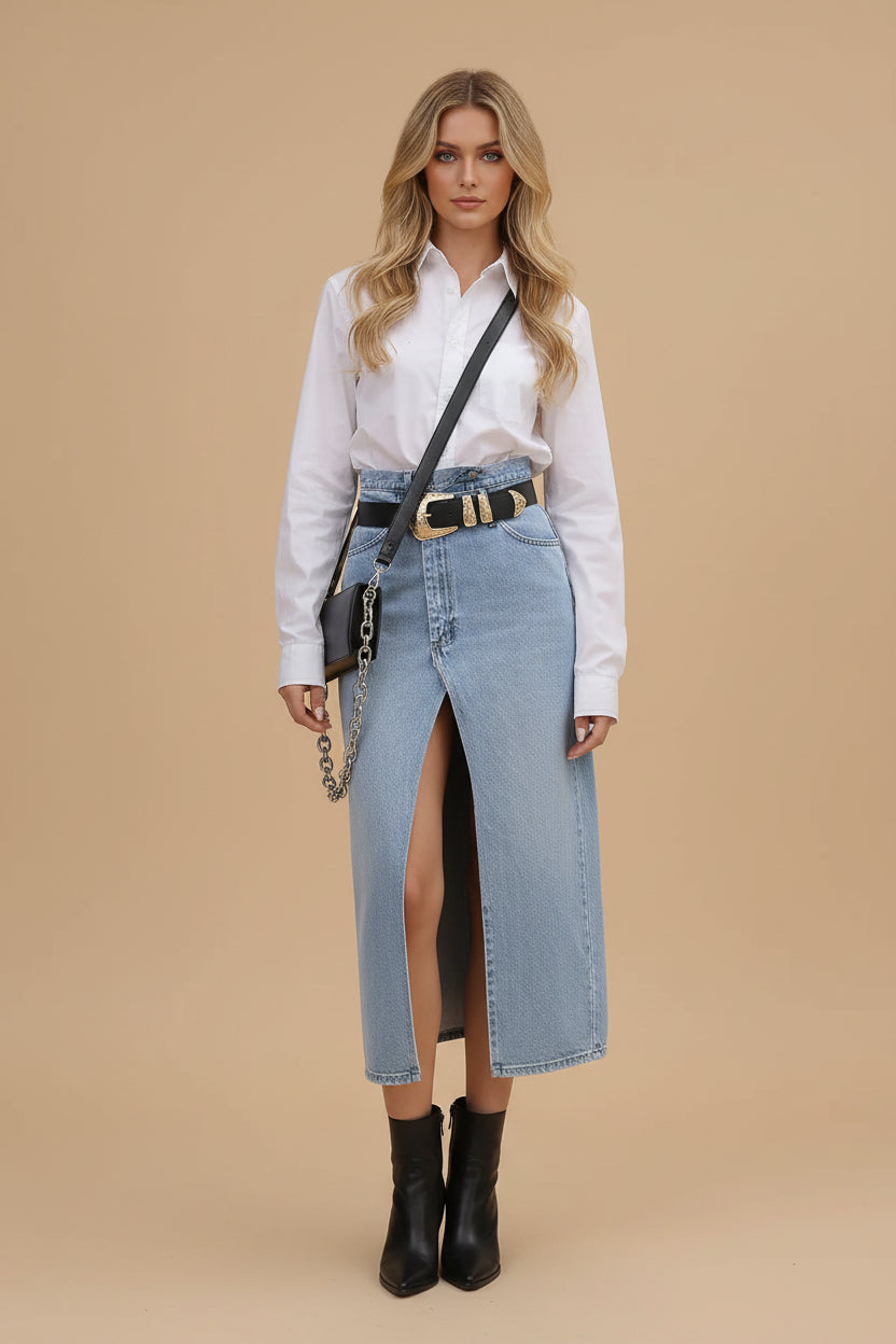 Vivirose | Denim Maxi Rok Dames – Hoge Taille & Split Voorzijde