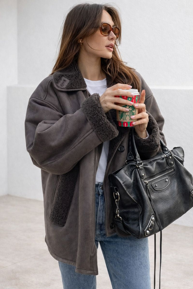 Amy bruine leren jas met fleece voering – vintage stijl & warmte