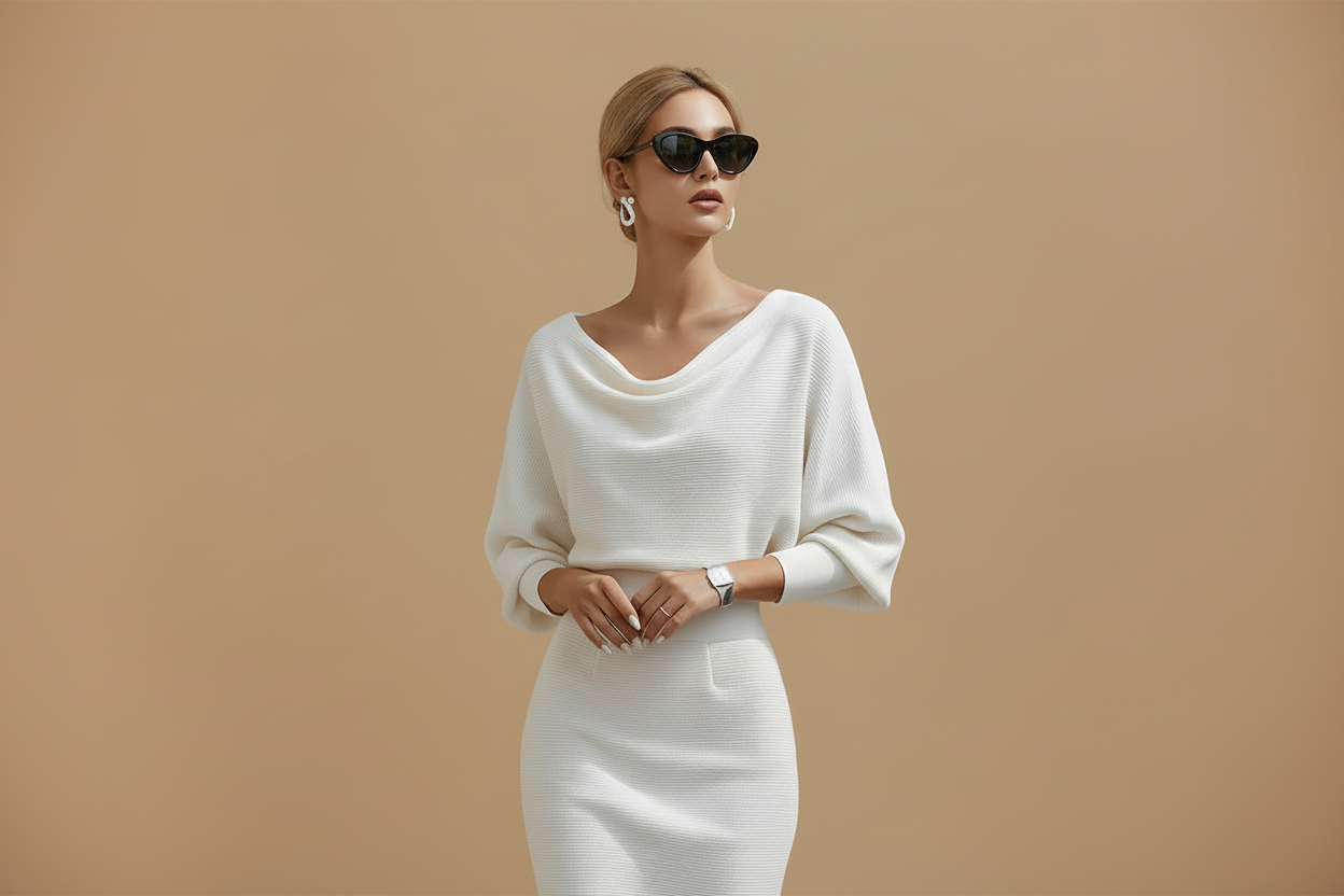 Vivirose| Dames Boothals Vleermuismouw Midi Bodycon Jurk
