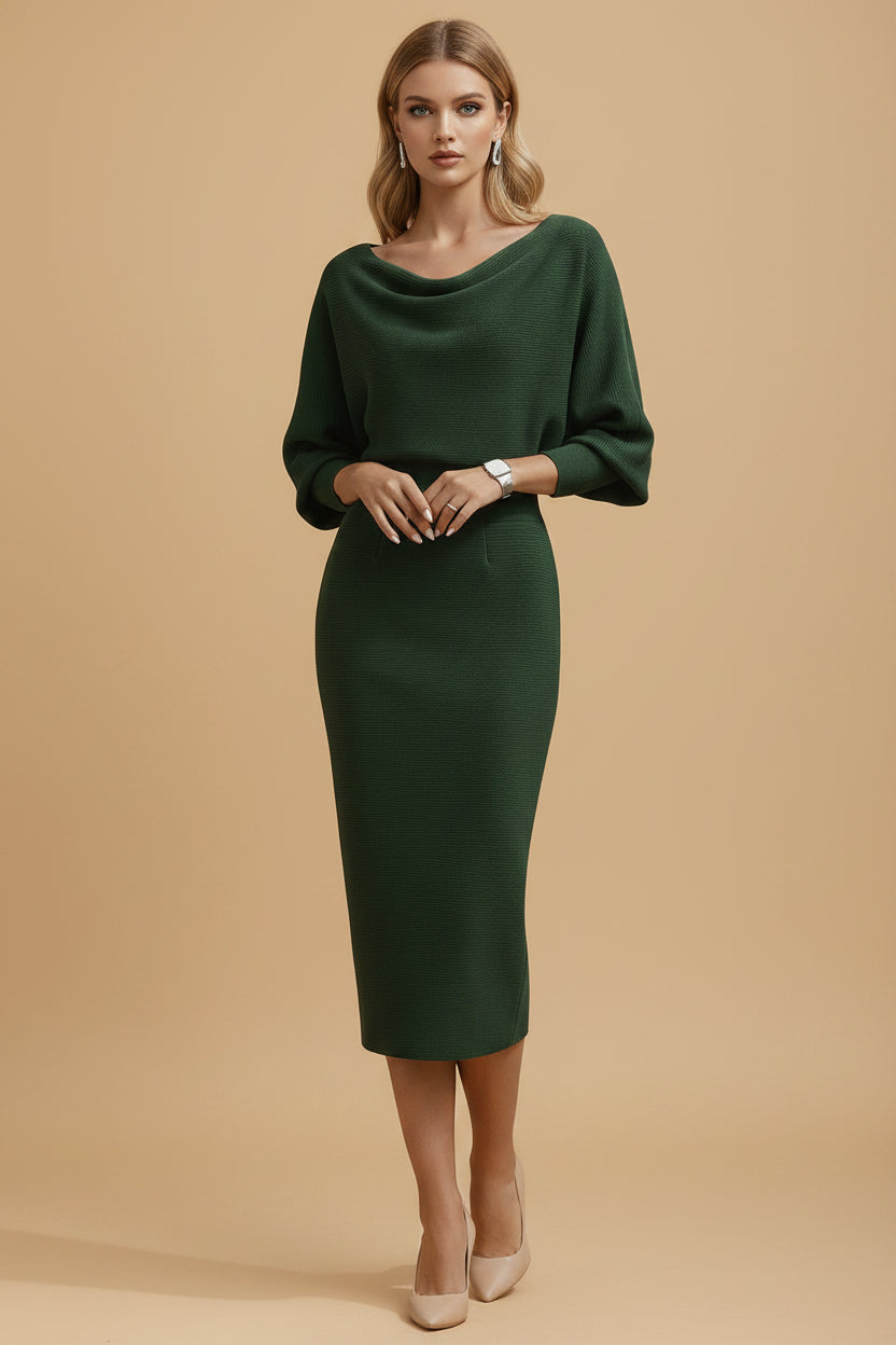 Witte Midi Jurk met Drapering en Vleermuismouwen