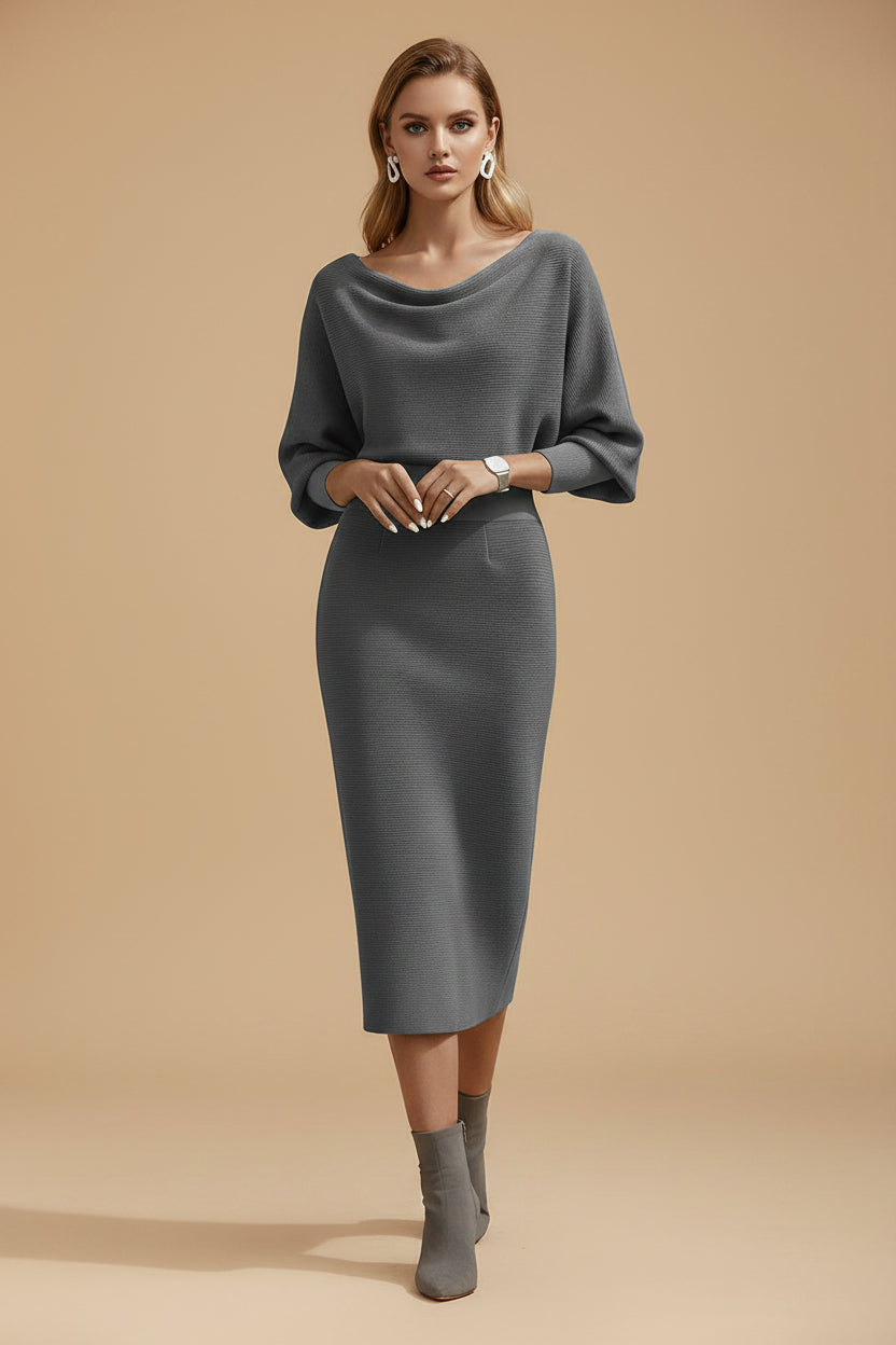 Witte Midi Jurk met Drapering en Vleermuismouwen