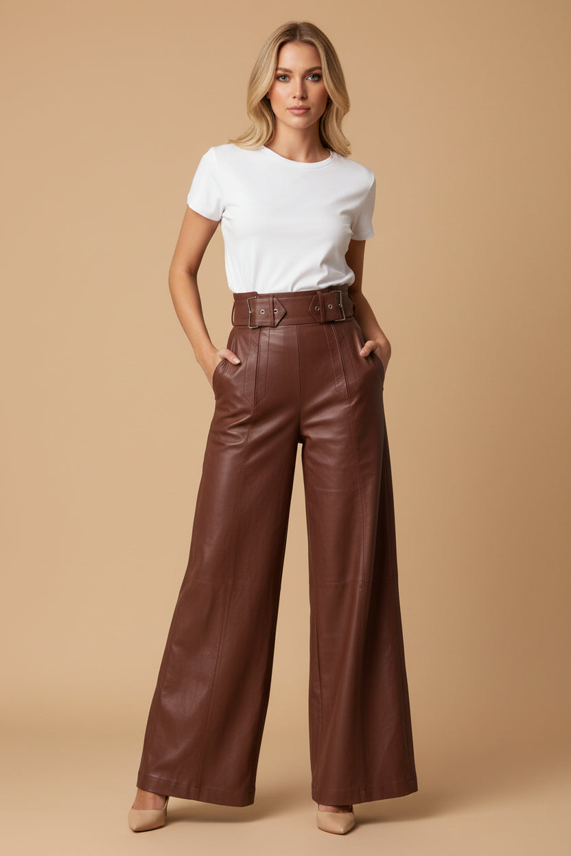 Vivirose- Elegante Leren broek met hoge taille