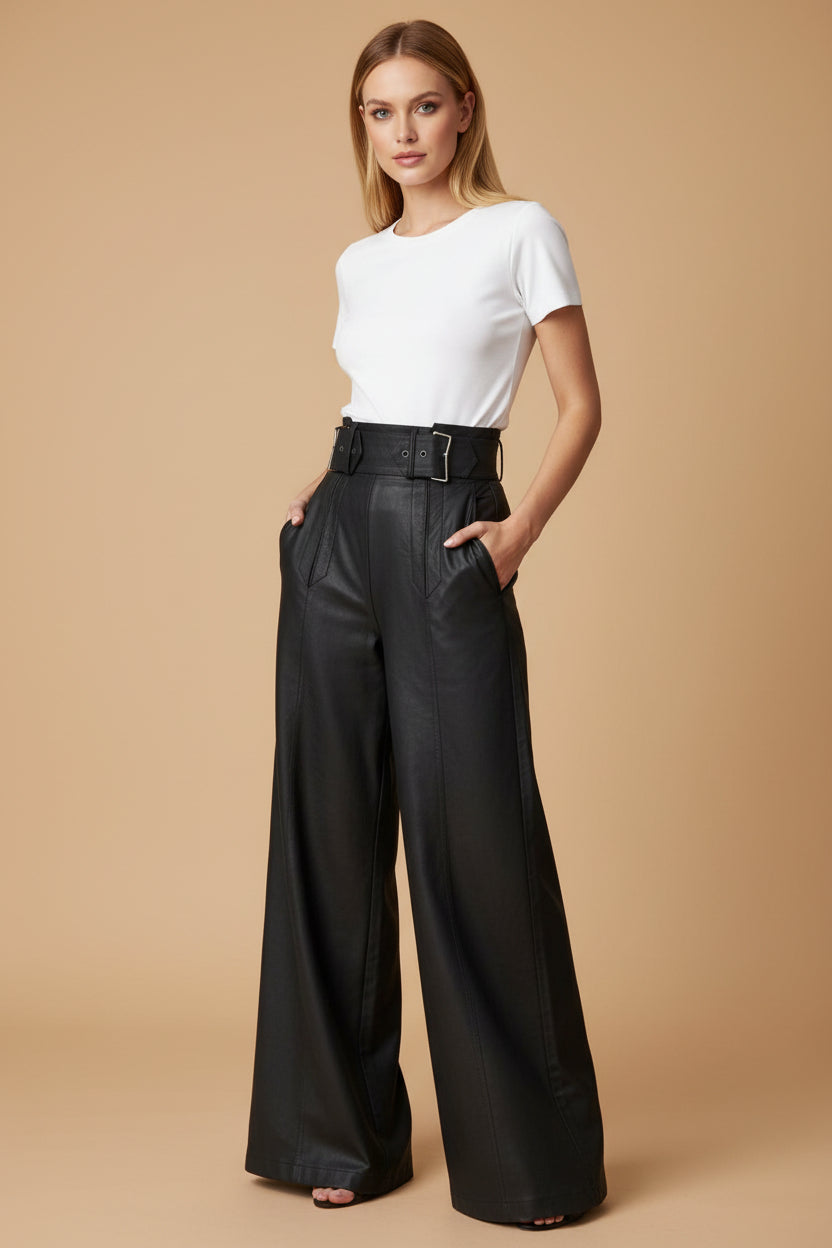 Vivirose- Elegante Leren broek met hoge taille