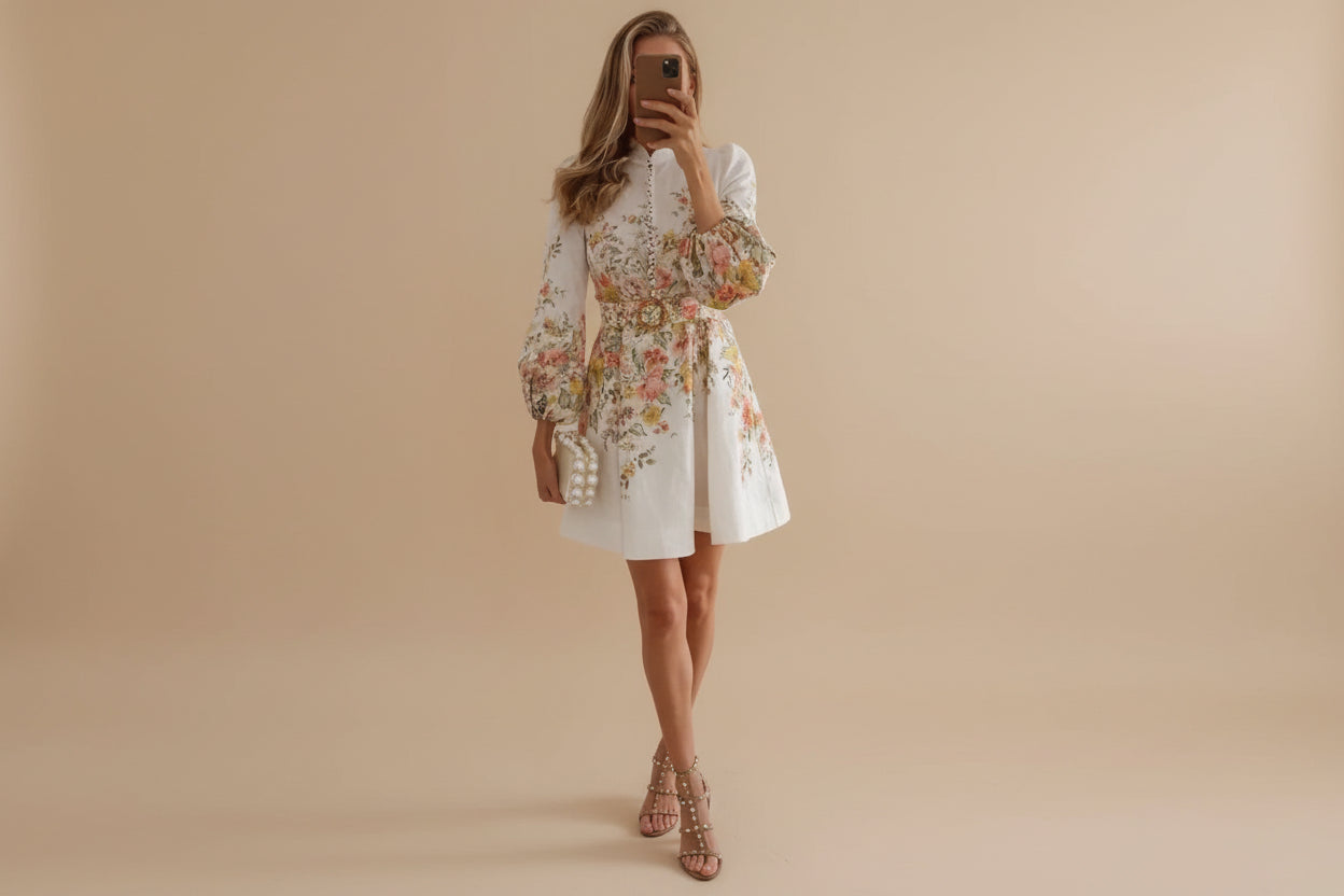 Vivirose - Bedrukte mini-jurk met knoopsluiting