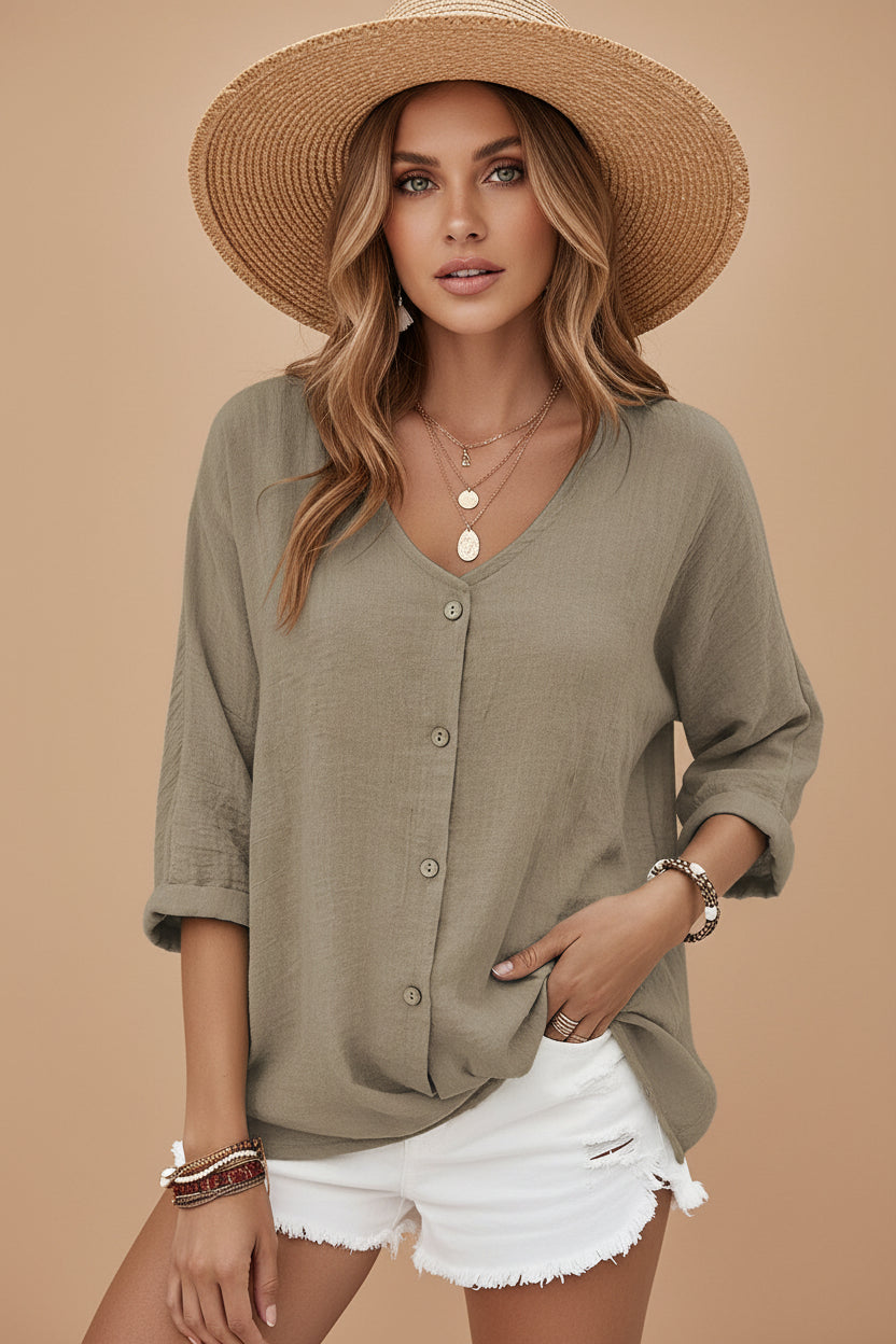 Vivirose | Dames Knoop Voor V Hals Casual Top