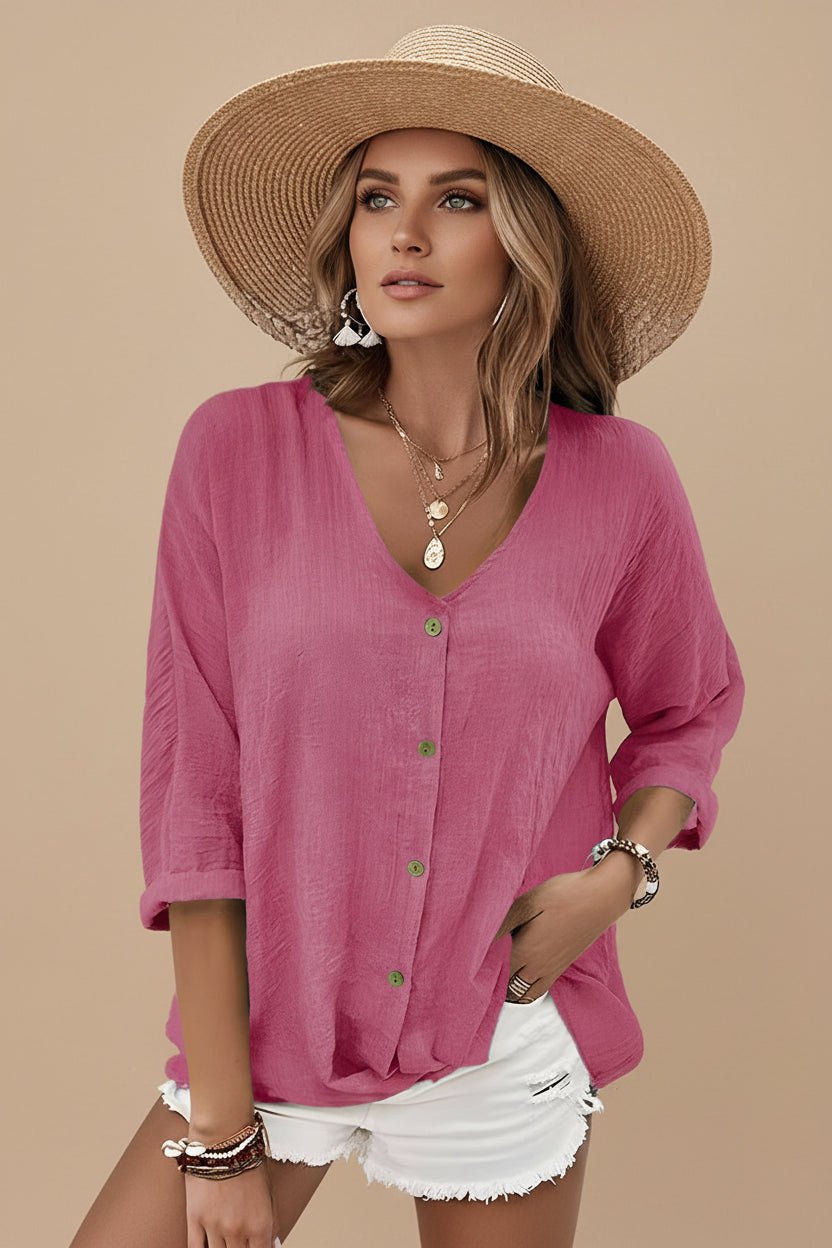 Vivirose | Dames Knoop Voor V Hals Casual Top