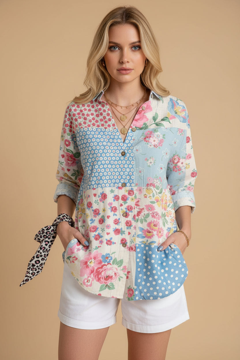 Ella | Dames Bloemen Knoop Voorkant Blouse